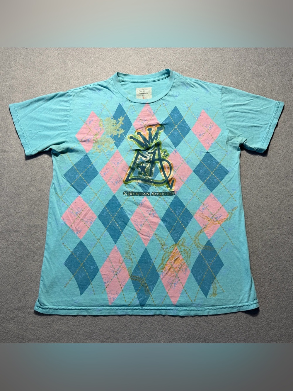 Christian Audigier Men’s Large Light Blue Argyle Graphic Logo T-Shirt Y2K